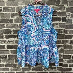 Lilly Pulitzer Dev Tank Blouse Top blue pink white floral sleeveless